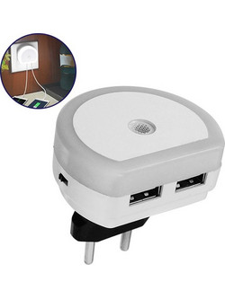 Φωτιστικό Νυκτός Πρίζας Φορτιστής LED Dual USB Charger με Αισθητήρα Μέρας Νύχτας GloboStar 07048 15979