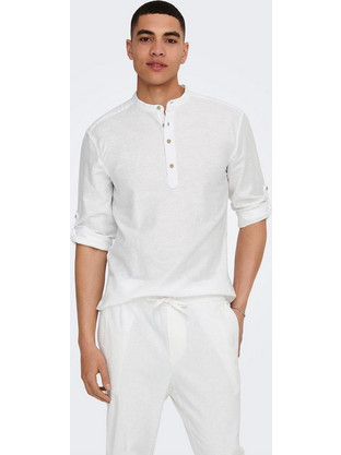 Only & Sons Ανδρικό Πουκάμισο Λινό Μακρυμάνικο Slim Fit με Mao Γιακά Λευκό 22009883