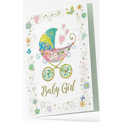 Ευχετήρια κάρτα Origami γέννησης Baby girl με ροζ καρότσι (21OR210)