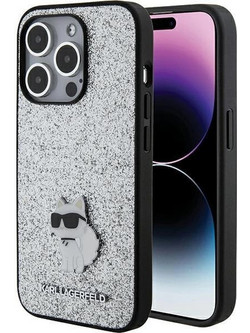 Karl Lagerfeld Fixed Glitter Choupette Logo Metal Pin Case for iPhone 15 Pro Max - Silver