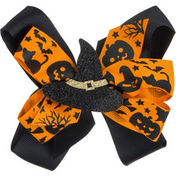 Halloween Κλιπ Μαλλιών Φιόγκος Μαύρος Πορτοκαλί Καπέλο Μάγισσας με Μαύρα Glitter 13cm