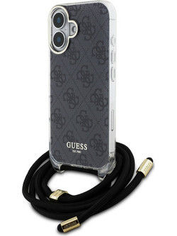 Guess 4G Logo Collection Crossbody Hard Case Script Metal Logo Θήκη προστασίας από σιλικόνη με λουράκι - iPhone 16 Μαύρο - GUH