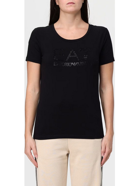EA7 ARMANI ΓΥΝΑΙΚΕΙΟ ΒΑΜΒΑΚΕΡΟ ΕΛΑΣΤΙΚΟ T-SHIRT ΜΕ ΛΑΙΜΟ ΧΑΜΟΓΕΛΟ ΚΑΙ ΛΟΓΟΤΥΠΟ ΜΕ ΣΤΡΑΣ - ΜΑΥΡΟ - 7W000536AF10373