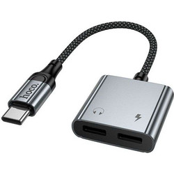 Hoco UPA34A - Μετατροπέας AUX Type-C σε Διπλό Type-C (10W) σε Γκρι Χρώμα