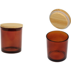 Βάζο γυάλινο 80x90 mm (300ml) με ξύλινο καπάκι και λάστιχο - Καραμελέ