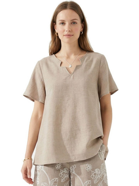 ANNA RAXEVSKY Γυναικεία μπέζ κοντομάνικη μπλούζα, Linen look B26157 BEIGE