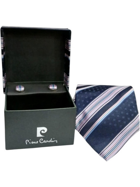 PIERRE CARDIN Σετ Δωρου SATIN SILK Γραβατα ριγε με Μανικετοκουμπα σε μπλε ροζ χρωμα 90249-200