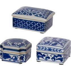Artekko Melania Διακοσμητικό Δοχείο με Καπάκι Πορσελάνη Άσπρο Μπλε (10x7x5)cm Σετ/3