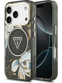 Guess IML Metal Glitter Flowers Triangle MagSafe Back Cover Black (iPhone 18 Pro / 17 Pro)