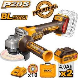 Ingco CAGLI211542 Γωνιακός Τροχός Μπαταρίας 20V 115mm με Ρύθμιση Στροφών 2x4Ah