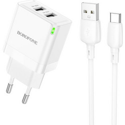 Borofone BN15 Φορτιστής με Καλώδιο USB-C με 2 Θύρες USB-A 10W