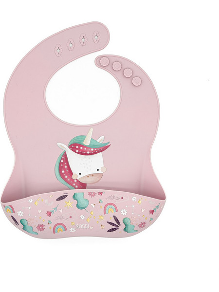 Sassi Sparkly The Unicorn Αδιάβροχη Σαλιάρα Σιλικόνης με Κουμπί & Τσέπη 6m+ Ροζ
