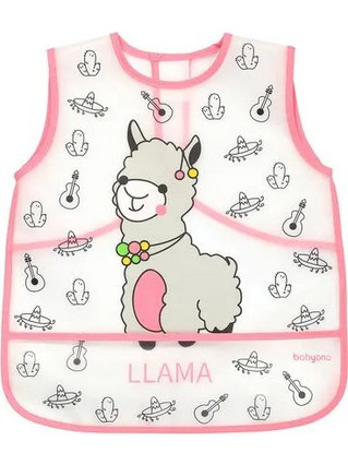BabyOno Llama Αδιάβροχη Σαλιάρα Ποδιά Πλαστική με Αυτοκόλλητο Τσέπη & Μανίκια Ροζ