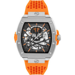 Philipp Plein Skeleton Frosted Ανδρικό Ρολόι Αυτόματο με Πορτοκαλί Καουτσούκ Λουράκι PWJFA1225