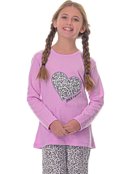 PNN Nightwear Animal Hearts Παιδική Πιτζάμα Βαμβακερή Χειμωνιάτικη Λιλά 1251-0392