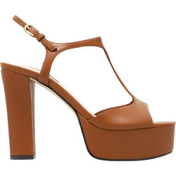 Nine West NAINI3 Γυναικεία Πέδιλα Δερμάτινα Καφέ με Χοντρό Ψηλό Τακούνι και Φιάπα 12-120