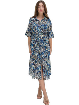 Inart Ble Midi Καθημερινό Φόρεμα Σεμιζιέ Navy Μπλε 5-41-100-0063