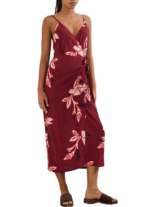 Namaste Ornette Midi Καλοκαιρινό Καθημερινό Φόρεμα Floral Κρουαζέ Μεταξωτό Μπορντό SS0826011