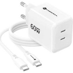 Forcell F-Energy VT-60 Φορτιστής με Καλώδιο USB-C με Θύρα USB-A & 2 Θύρες USB-C 60W Quick Charge 4.0 & Power Delivery White