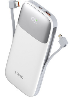 Ldnio PQ19 Power Bank 10000mAh 20W με Ενσωματωμένα Καλώδια USB-C & Lightning Quick Charge 3.0 & Power Delivery White