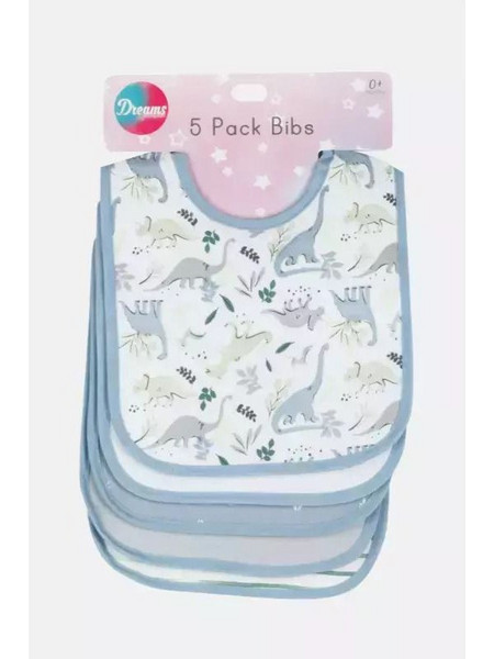 Dreams Newborn Dinos Σετ Αδιάβροχες Σαλιάρες Υφασμάτινες με Κουμπί Λευκή Γαλάζια 5τμχ