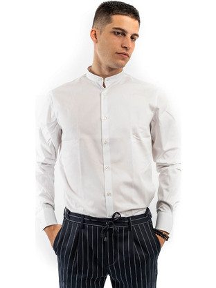 Fragosto Ανδρικό Πουκάμισο Λινό Μακρυμάνικο Slim Fit με Mao Γιακά Λευκό E07-SS20