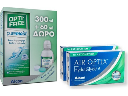 Alcon Air Optix Plus HydraGlyde Μηνιαίοι Φακοί Επαφής Αστιγματικοί Σιλικόνης Υδρογέλης 3τμχ + 1 Υγρό Opti-Free Pure 300ml
