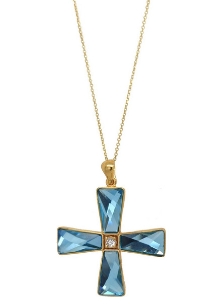 Κολιέ Anastasios Creations χρυσό ασήμι 925 σταυρός με swarovski aquamarine ST22