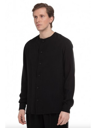 Ne En Aout Viscose Fabric Shirt No Collar And Back Pleats Ανδρικό Πουκάμισο Βησκόζη με Mao Γιακά Μαύρο