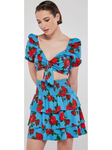 Mind Matter Gloria Μίνι Φούστα Υφασμάτινη Ψηλόμεση Πλισέ Floral Κόκκινη Γαλάζια 2023S049