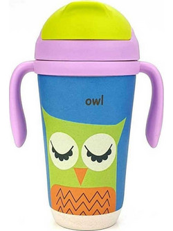 Μπαμπού Owl Παιδικό Μπουκάλι Μπαμπού με Καλαμάκι Μπλε 350ml
