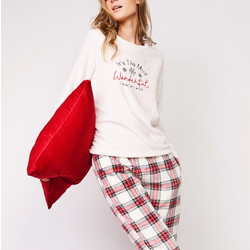 Aruelle MILENA Long Σετ Γυναικείες Πιτζάμες Χειμωνιάτικες Fleece Λευκές Κόκκινες
