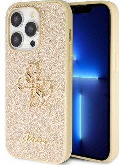 Guess PU Fixed Glitter 4G Metal Logo Back Cover Θήκη Σιλικόνης για Apple iPhone 15 Pro Max Χρυσό