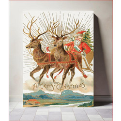 Πίνακας, Christmas postcard of Santa Claus and his reindeer (1907) chromolithograph art by Souvenir Post Card Company