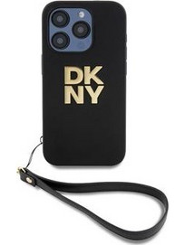 DKNY PU Leather Stack Logo Wrist Strap Case for iPhone 14 Pro Max Black