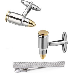 Set Luxury Ανδρικά Μανικετόκουμπα Original Men's Fashion και Clip Γραβάτας Από Ατσάλι Σε Ασημί Golden Bullets&AK-47