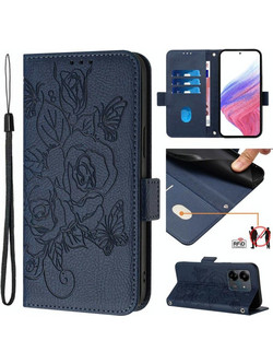 Για Redmi 13C 4G Global / Xiaomi Poco C65 ανάγλυφο Rose RFID Anti-theft δερμάτινη θήκη τηλεφώνου (Σκούρο Μπλε) (OEM)