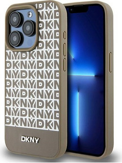 DKNY Leather Printed Pattern Metal Logo MagSafe Case for iPhone 15 Pro - Brown