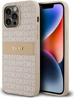 DKNY Leather Mono Stripe & Metal Logo Back Cover Pink (iPhone 14 Pro)