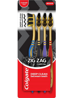 Colgate Zig Zag Charcoal Medium Οδοντόβουρτσες 4τμχ Μαύρη Μπλε Κόκκινη Μωβ