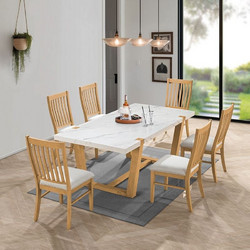 Comet σετ ξύλινη τραπεζαρία με τραπέζι σε φυσική απόχρωση με επιφάνεια από μάρμαρο και έξι καρέκλες με μαξιλάρι