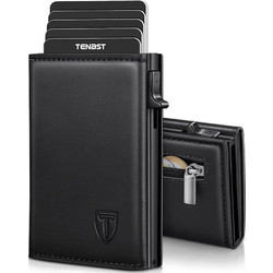 TENBST Men's Slim Leather Wallet with Coin Compartment RFID Protection (Black)