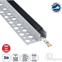 GLOBOSTAR(R) ALP-PLASTERIN GYPSO 70835-3M Χωνευτό Τερματικό Προφίλ Αλουμινίου Ειδικό για Γυψοσανίδα με Μαύρο Φιμέ Πατητό Κάλυμμα για Ταινίες LED IP20 - Ασημί & Μαύρο - Μ300 x Π3.1 x Υ1.3cm - Πακέτο 5