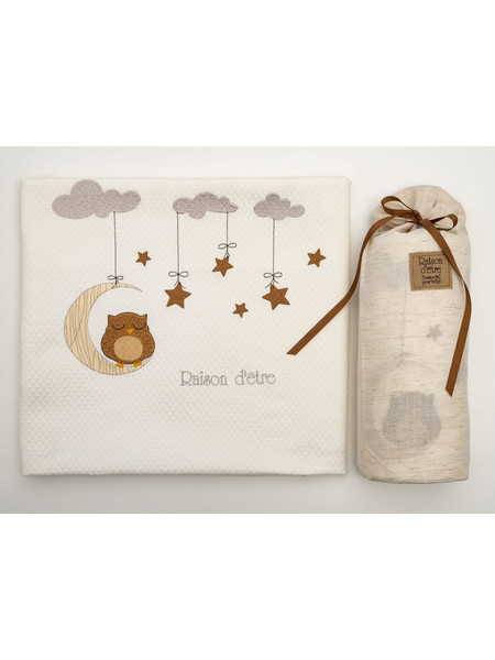 Raison D'Etre Dreamy Owl Κουβέρτα Αγκαλιάς Πικέ 80x90 Λευκή Καφέ