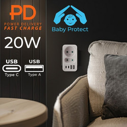 Current socket x2 + 4xUSB Maclean, splitter with 2 sockets, 2xUSB A, 2xUSB C PD 20W, 1x16A + 1x6A, MCE249 F/W MCE249 F/W