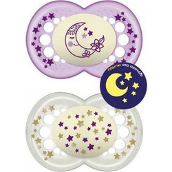 Mam Original Night Ανατομικές Ορθοδοντικές Πιπίλες Σιλικόνης Νυκτός 2-6m Φεγγαράκι Αστεράκια Μωβ 2τμχ