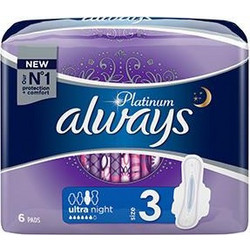 Always Platinum Ultra Night Μέγεθος 3 Σερβιέτες με Φτερά για Αυξημένη Ροή 6 Σταγόνες 6τμχ
