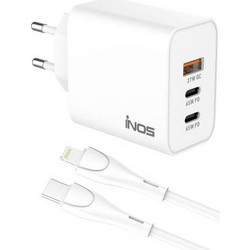iNOS Φορτιστής με Καλώδιο Lightning με Θύρα USB-A & 2 Θύρες USB-C 65W Quick Charge 3.0 & Power Delivery