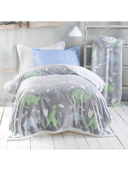 Rythmos Luminus Παιδική Κουβέρτα Fleece Δεινόσαυροι Φωσφοριζέ 160x220 Γκρι