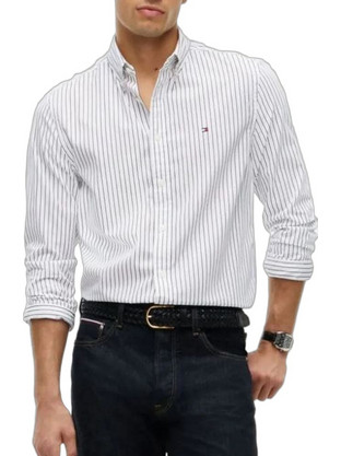 Tommy Hilfiger Ανδρικό Πουκάμισο Βαμβακερό Ριγέ Μακρυμάνικο Κανονική Γραμμή Λευκό MW0MW44571-0FA